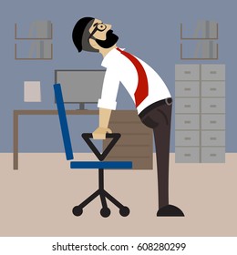 Man in business clothes is doing exercises for back on the office chair. Businessman in healthy backbend pose. Vector flat  illustration.