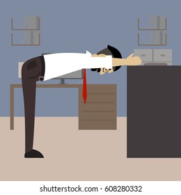 Man in business clothes is doing exercises for back on the office chair. Businessman in healthy forward bend pose. Vector flat illustration.