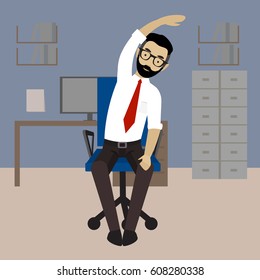 Man in business clothes is doing exercises for back on the office chair. Businessman in healthy tilt arm and body to the side pose. Vector flat illustration.