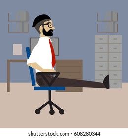 Man in business clothes is doing exercises for back on the office chair. Businessman in healthy strengthening legs pose. Vector flat illustration.