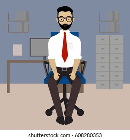 Man in business clothes is doing exercises for back on the office chair. Businessman in healthy pose with straight back. Vector flat illustration.