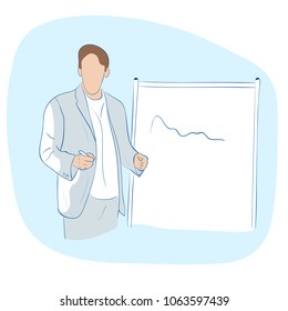 A man in business clothes holding a pointer and making presentation near whiteboard. Hand drawn cartoon. Reporting concept. Vector illustration.