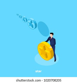 a man in business clothes holding a star badge, an isometric image