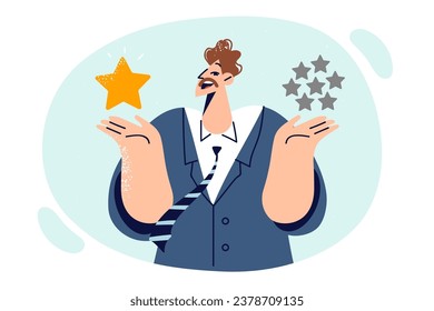 Man in business clothes holds rating stars symbolizing feedback and evaluation from company clients. Guy chooses fair rating for application or encourages to leave positive review to promote services