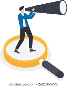 a man in business clothes looking through a telescope while standing on a magnifier, search for solutions
