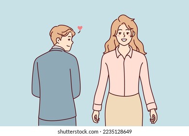 Man in business clothes looks back at beautiful woman having loving feelings for work colleague. Concept office romance between guy and girl who are employees of same company. Flat vector image