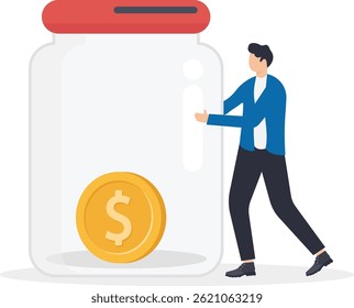 a man in business clothes looks hopelessly into a glass jar with a gold coin, bankruptcy or an empty piggy bank


