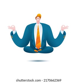 A man in business clothes meditates in the lotus position. Vector character in cartoon style. Illustration on the theme of relaxation and balance in life.