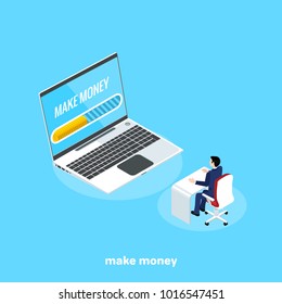 man in business clothes sitting at desk and looking at laptop screen, isometric image