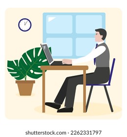 A man in business clothes with a tie is sitting in profile at a table with a laptop in a room with a window, a clock and a houseplant. Flat vector illustration. The concept of the working environment,