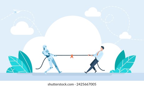 A man in business clothes is a tug of war with a robot. Businessman with robot are competing. Tug of war. A man versus a machine. Flat design. Isolated on a white background. Vector illustration