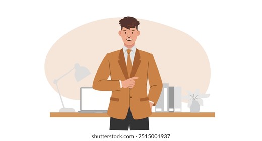 Homem com trajes de negócios e formais, postura e reação de caráter, escritório e local de trabalho. Ilustração de vetor de desenho animado plano.