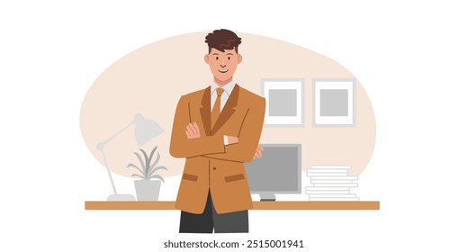 Hombre con traje formal y de negocios, postura y reacción del personaje, fondo de oficina y lugar de trabajo. Ilustración vectorial plana de dibujos animados.