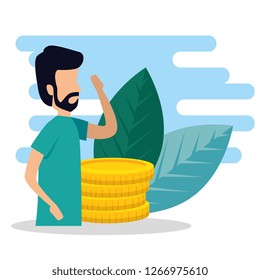 man business information with coins and leaves