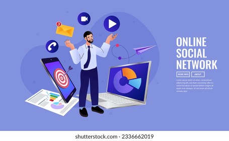 Man with Business interaction app. work at project in technology space. Business process automation concept. businessman meeting on laptop and smartphone platform. online community marketing. vector