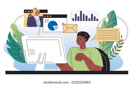 Homem com gerenciamento de negócios. O jovem se comunica com a garota atrás da tela do computador. Os funcionários discutem gráficos e diagramas. Estatísticas e infográficos. Ilustração de vetor plano