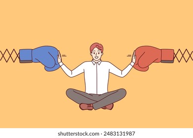 Man business mediator works in conflict management and sits between two boxing gloves. Experienced boss mediator stops dispute corporate employees to avoid decrease in work productivity