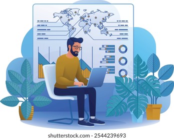 Man, business person student on laptop remote home working writing analysing website internet document infographic stats. Cartoon data analysis, financial stock market trading report finance concept.