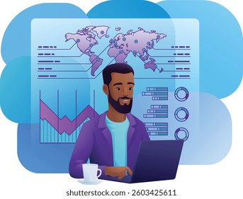 Man, business person student on laptop remote home working writing analysing website internet document infographic stats. Cartoon data analysis, financial stock market trading report finance concept.