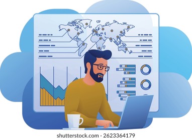 Man, business person student on laptop remote home working writing analysing website internet document infographic stats. Cartoon data analysis, financial stock market trading report finance concept.