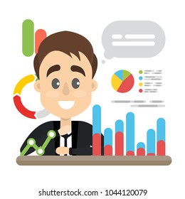 Man with business presentation showing data and graph.