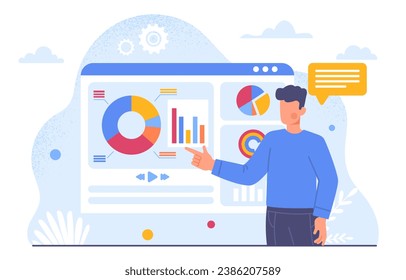 Man with business presentation. Young guy show graphs and diagrams, charts. Infographics and statistics, data visualization. Analyst conduct marketing research. Cartoon flat vector illustration