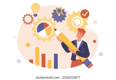 Man with business process concept. Young guy with large pencil near graphs and diagrams. Data visualization and infographics, statistics. Manager and businessman. Cartoon flat vector illustration