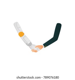 Man, business man and robot shaking hands, artificial intelligence concept, flat cartoon vector illustration isolated on white background. Man and robot shaking hands, reaching agreement