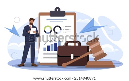 Man with business rules. Young guy in suit near huge document. Statistics and infographics. Businessman with briefcase and gavel. Flat vector illustration isolated on white background