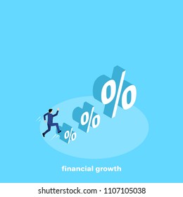 a man in business rushes to a chart of percent signs, an isometric image