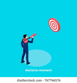 a man in a business suit is aiming with a dart at the target, an isometric image