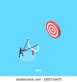 a man in a business suit aiming from a slingshot to a target, an isometric image