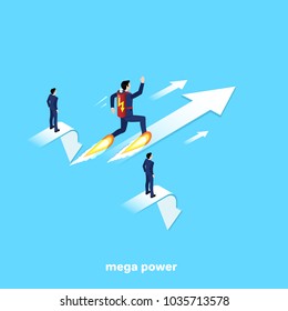 a man in a business suit with a battery on his back running along the arrow forward to success, an isometric image