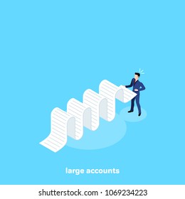 a man in a business suit with a big check in his hands on a blue background, an isometric image