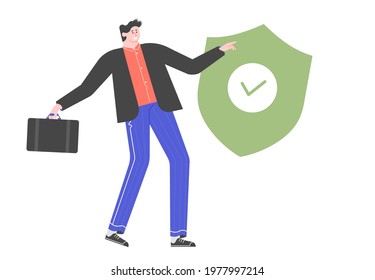 Man in a business suit and a billboard with a check mark. Internet data protection, transaction approval, security. Vector flat illustration.