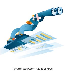 A man in a business suit with binoculars in his hands is surfing information on a smartphone. The concept of vector illustration.