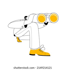 A man in a business suit with binoculars looks intently into the distance. The concept of vector illustration on the topic of Internet search and data analysis.