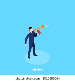 a man in a business suit blows a clarion, isometric image