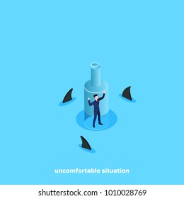 a man in a business suit in a bottle floating in the ocean of sharks, an isometric image