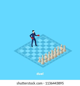 a man in a business suit and boxing gloves is standing on a chessboard with figures, an isometric image