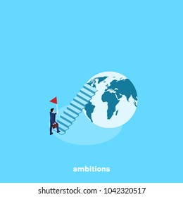 a man in a business suit with a briefcase and a flag is rising up the steps to the top of the world, an isometric image
