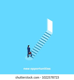 a man in a business suit with a briefcase in his hand climbs the steps to an open door, an isometric image