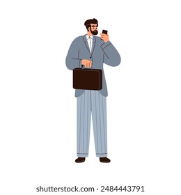 Man in business suit with briefcase and mobile phone. Office worker, employee speaking on smartphone. Businessman, professional executive officer. Flat vector illustration isolated on white background