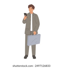 Man in business suit with briefcase and mobile phone. Office worker, employee speaking on smartphone. Businessman, professional executive officer. Flat vector illustration isolated on white background