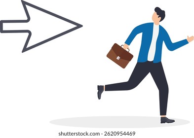 a man in a business suit with a briefcase running away from a big white arrow,

