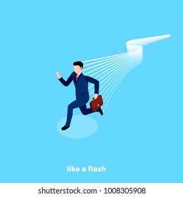 a man in a business suit with a briefcase runs faster than lightning, an isometric image