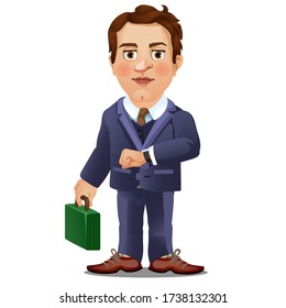 A man in a business suit with a briefcase and a watch isolated on white background. Vector cartoon close-up illustration.