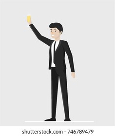 Man in business suit, businessman, office worker, isolated on white background. Flat style character with a glass of champagne. Raises a glass of champagne, says a toast. Vector illustration. 
