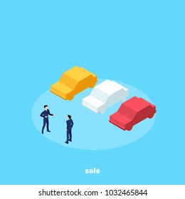 man in business suit and cars, car salesman, isometric image