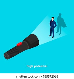 a man in a business suit casts the shadow of a superhero in the light of a flashlight, personal and professional growth, an isometric image